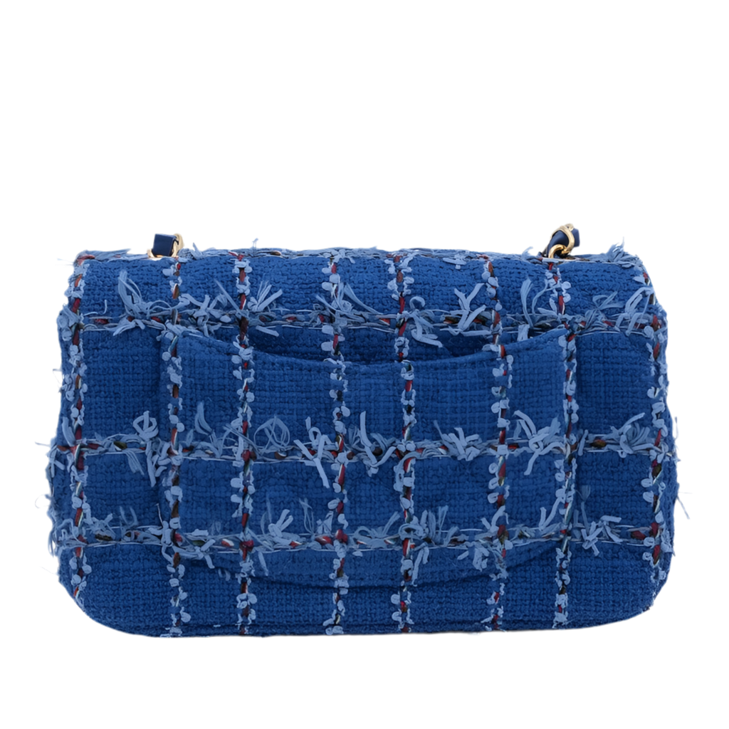 CHANEL Blue Tweed Quilted Mini Flap Bag with Gold Hardware