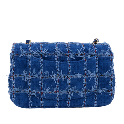 CHANEL Blue Tweed Quilted Mini Flap Bag with Gold Hardware