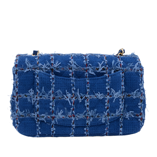 CHANEL Blue Tweed Quilted Mini Flap Bag with Gold Hardware