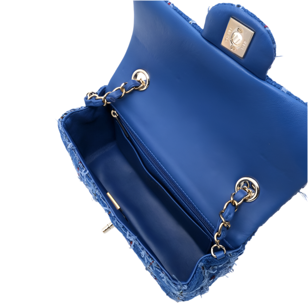 CHANEL Blue Tweed Quilted Mini Flap Bag with Gold Hardware