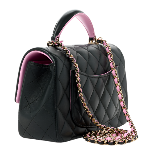 Chanel Lambskin Quilted Bi-Color Mini Top Handle Rectangular Flap Bag