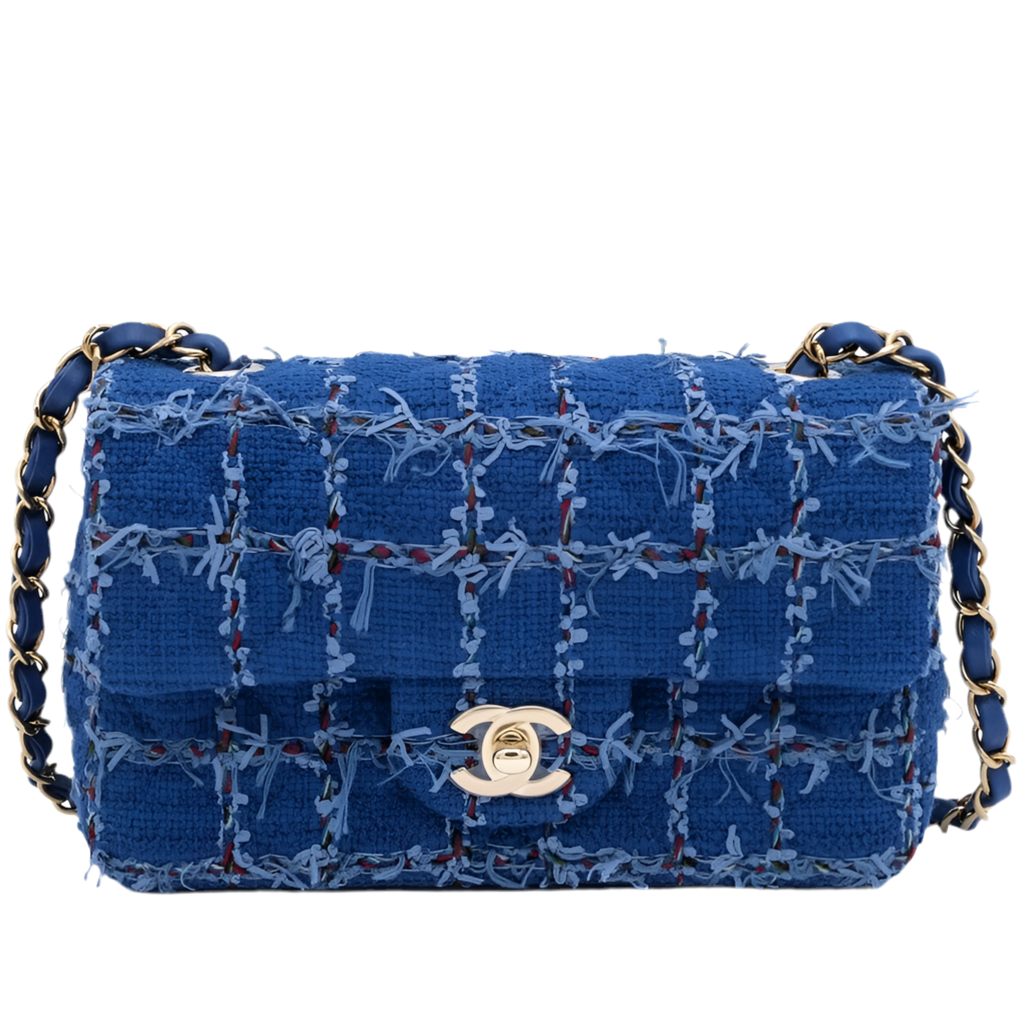 CHANEL Blue Tweed Quilted Mini Flap Bag with Gold Hardware