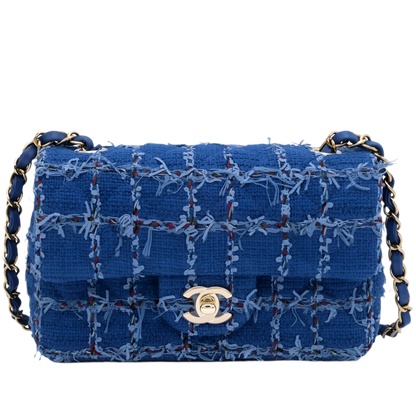 CHANEL Blue Tweed Quilted Mini Flap Bag with Gold Hardware