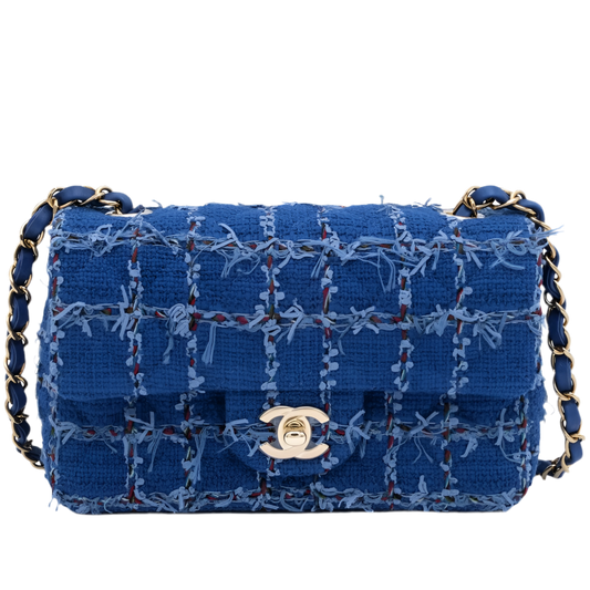 CHANEL Blue Tweed Quilted Mini Flap Bag with Gold Hardware