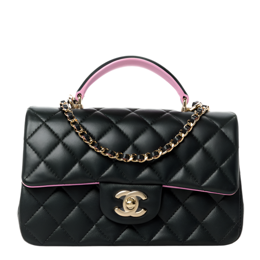 Chanel Lambskin Quilted Bi-Color Mini Top Handle Rectangular Flap Bag